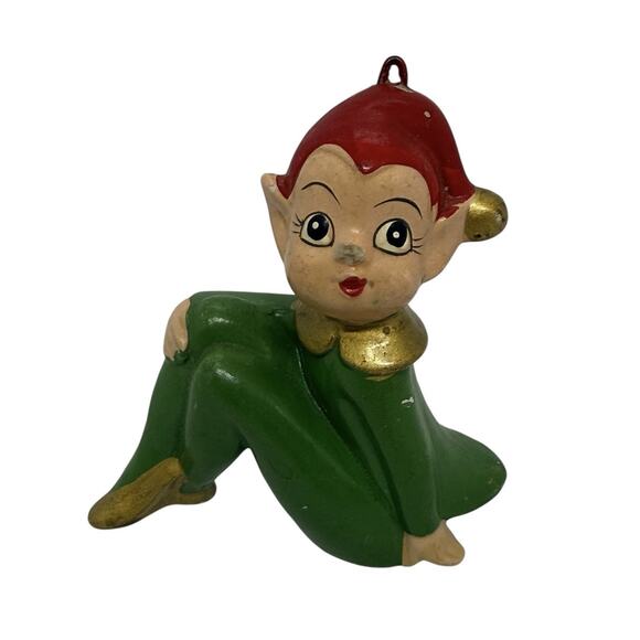 1950s Christmas Seated Pixie Elf Ceramic Ornament Red Hair Green Outfit Japan - Picture 1 of 11